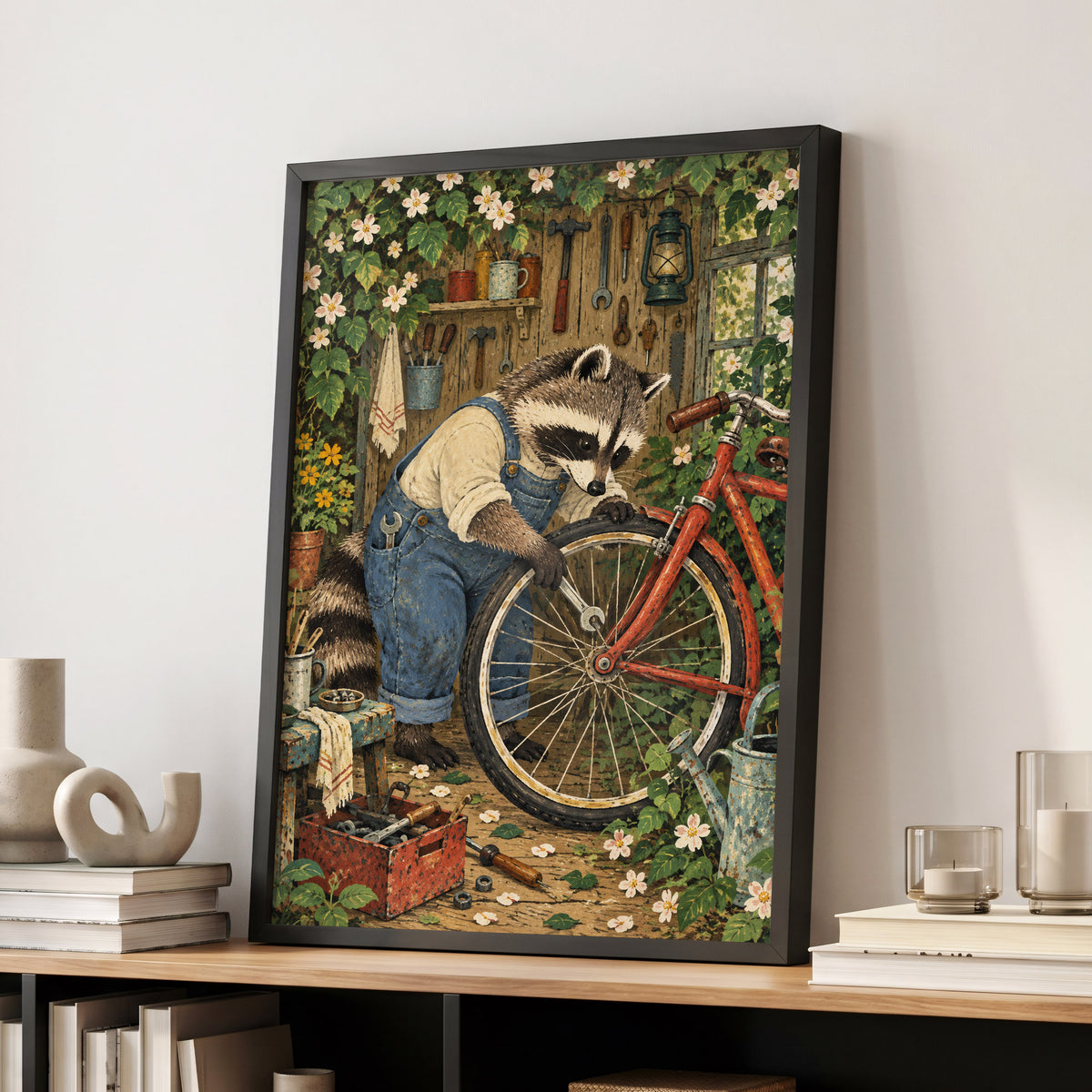 The Raccoon Repair Shop, green, blue, brown nature wall art displayed in a styled interior, gallery view 2
