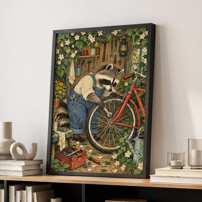The Raccoon Repair Shop, green, blue, brown nature wall art displayed in a styled interior, gallery view 2
