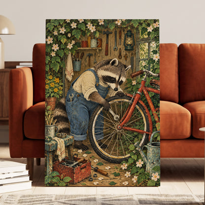 The Raccoon Repair Shop, green, blue, brown nature wall art displayed in a styled interior, gallery view 3