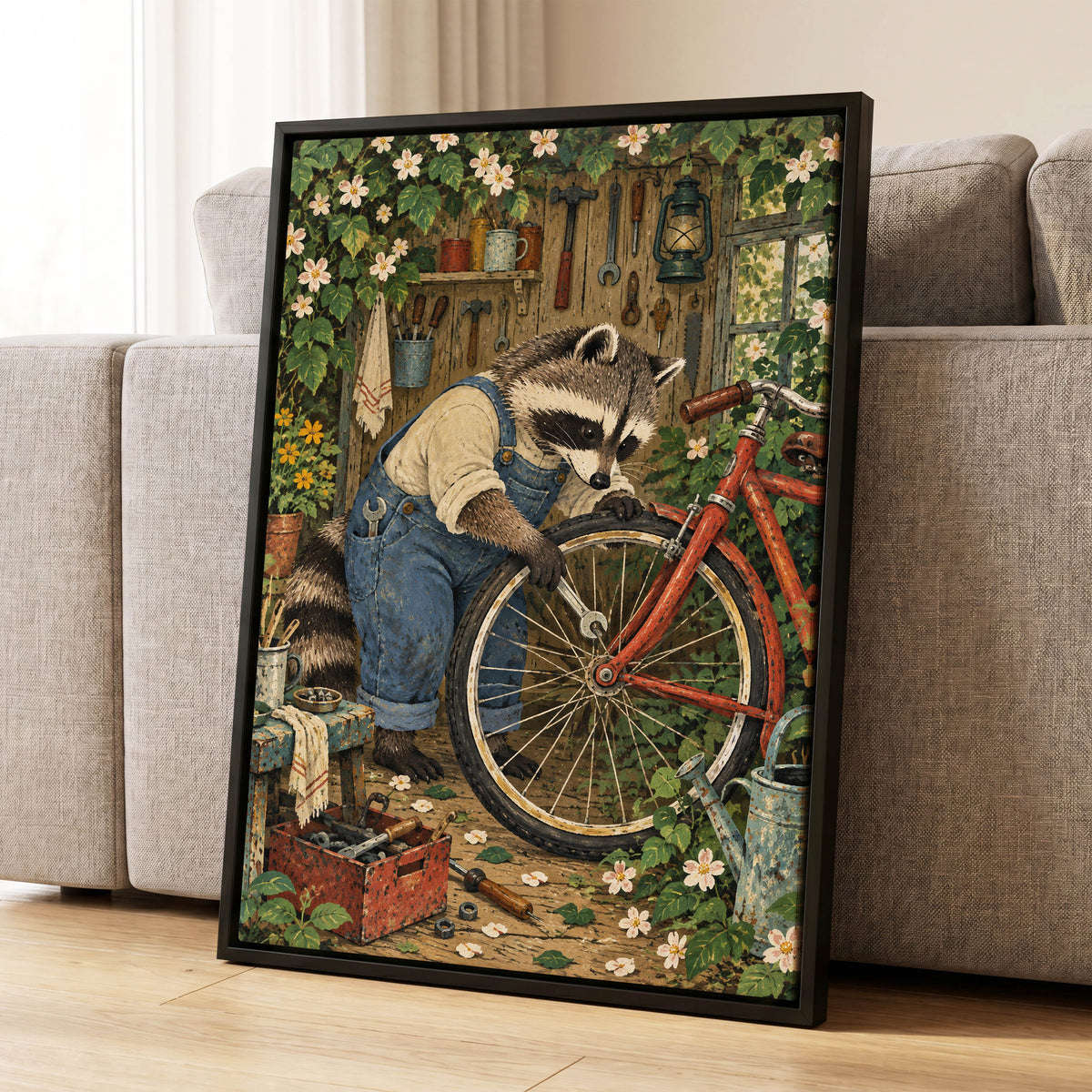 The Raccoon Repair Shop, green, blue, brown nature wall art displayed in a styled interior, gallery view 4