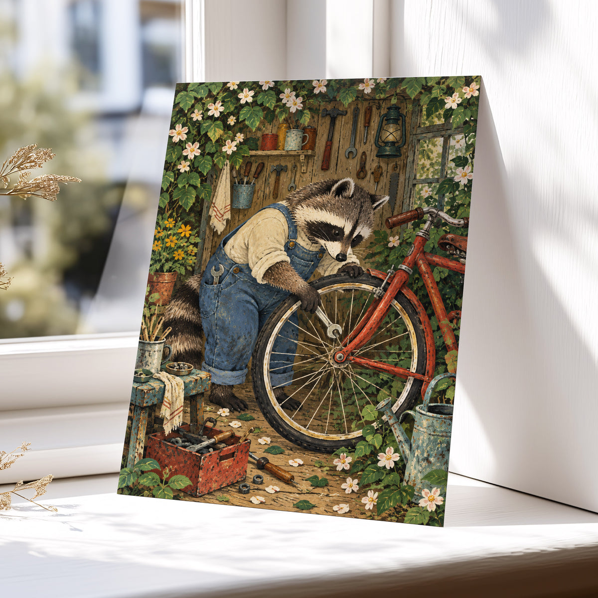 The Raccoon Repair Shop, green, blue, brown nature wall art displayed in a styled interior, gallery view 5