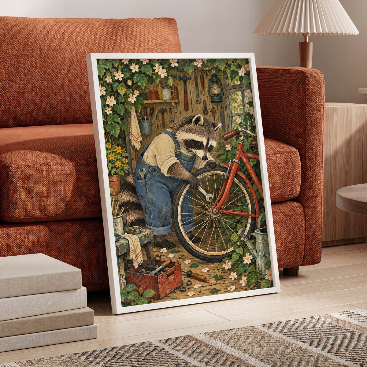 The Raccoon Repair Shop, green, blue, brown nature wall art displayed in a styled interior, gallery view 6