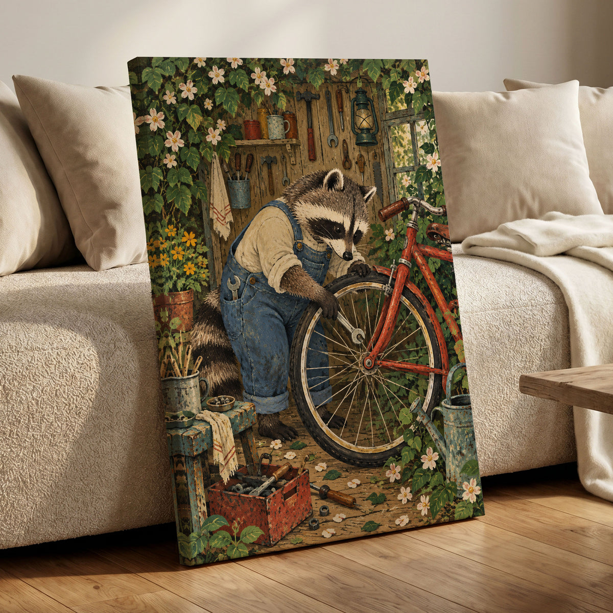 The Raccoon Repair Shop, green, blue, brown nature wall art displayed in a styled interior, gallery view 7