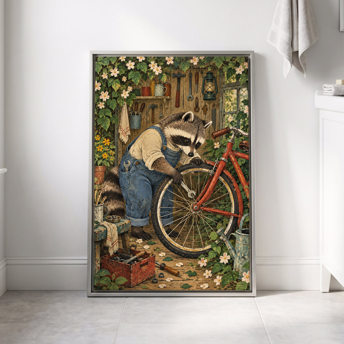 The Raccoon Repair Shop, green, blue, brown nature wall art displayed in a styled interior, gallery view 8