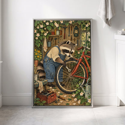 The Raccoon Repair Shop, green, blue, brown nature wall art displayed in a styled interior, gallery view 8