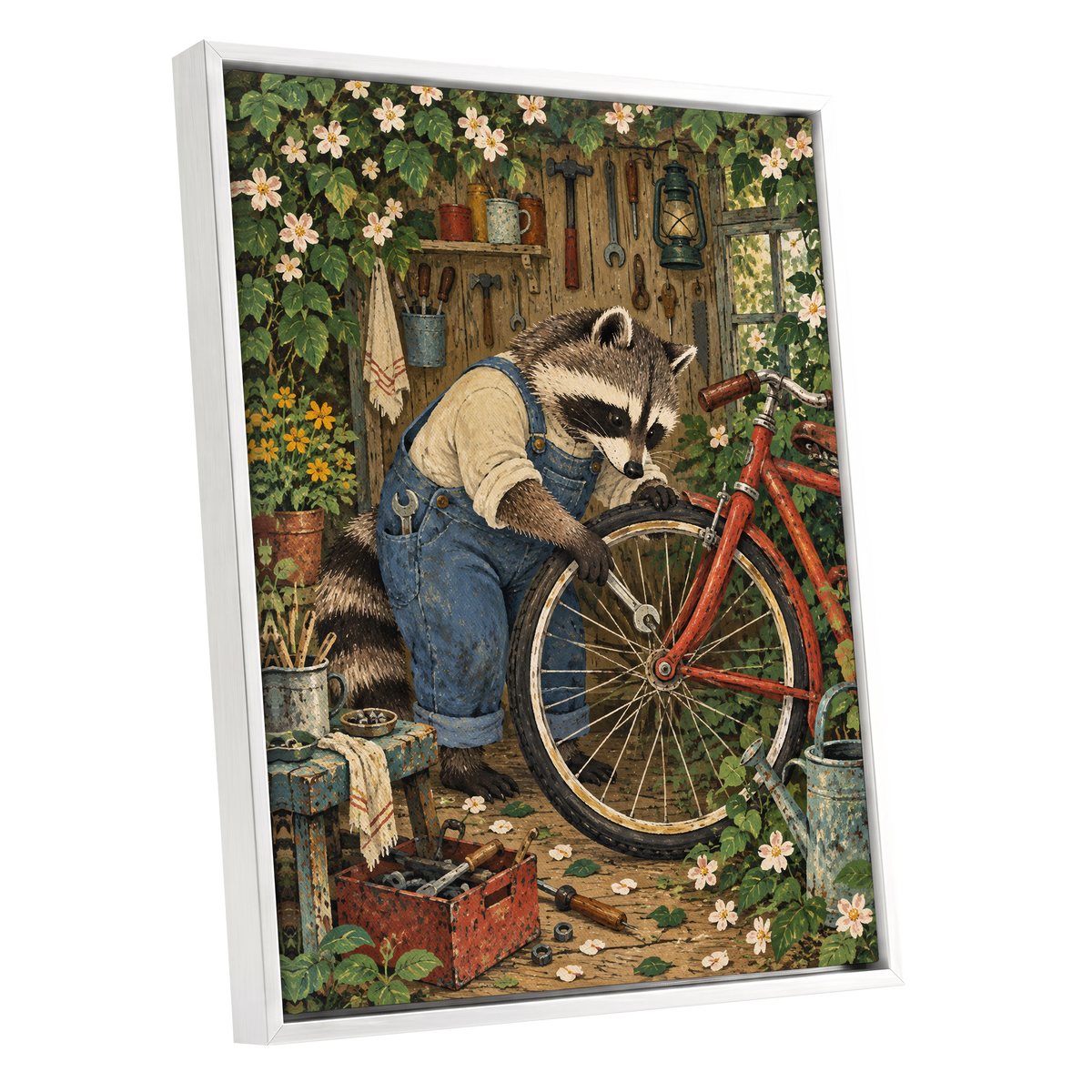 The Raccoon Repair Shop, green, blue, brown nature wall art shown as a white framed canvas wall art