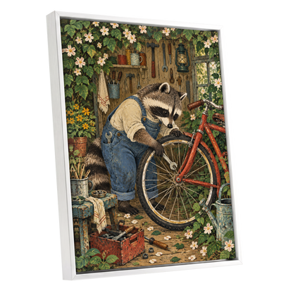 The Raccoon Repair Shop, green, blue, brown nature wall art shown as a white framed canvas wall art
