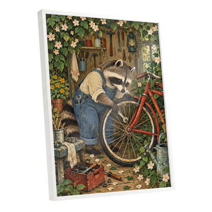 The Raccoon Repair Shop, green, blue, brown nature wall art shown as a white framed poster wall art print