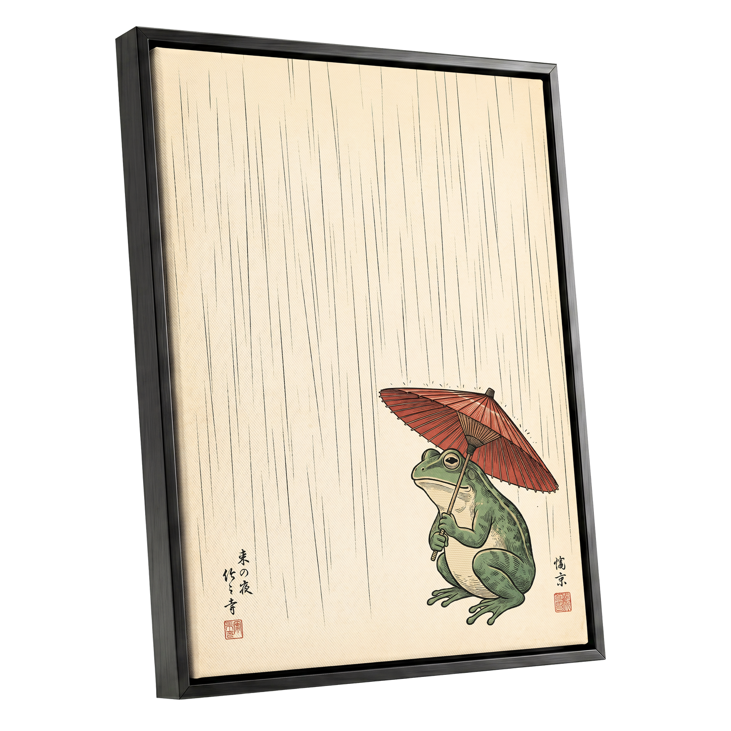 The Rainkeeper, beige, green, red nature wall art shown as a black framed canvas wall art