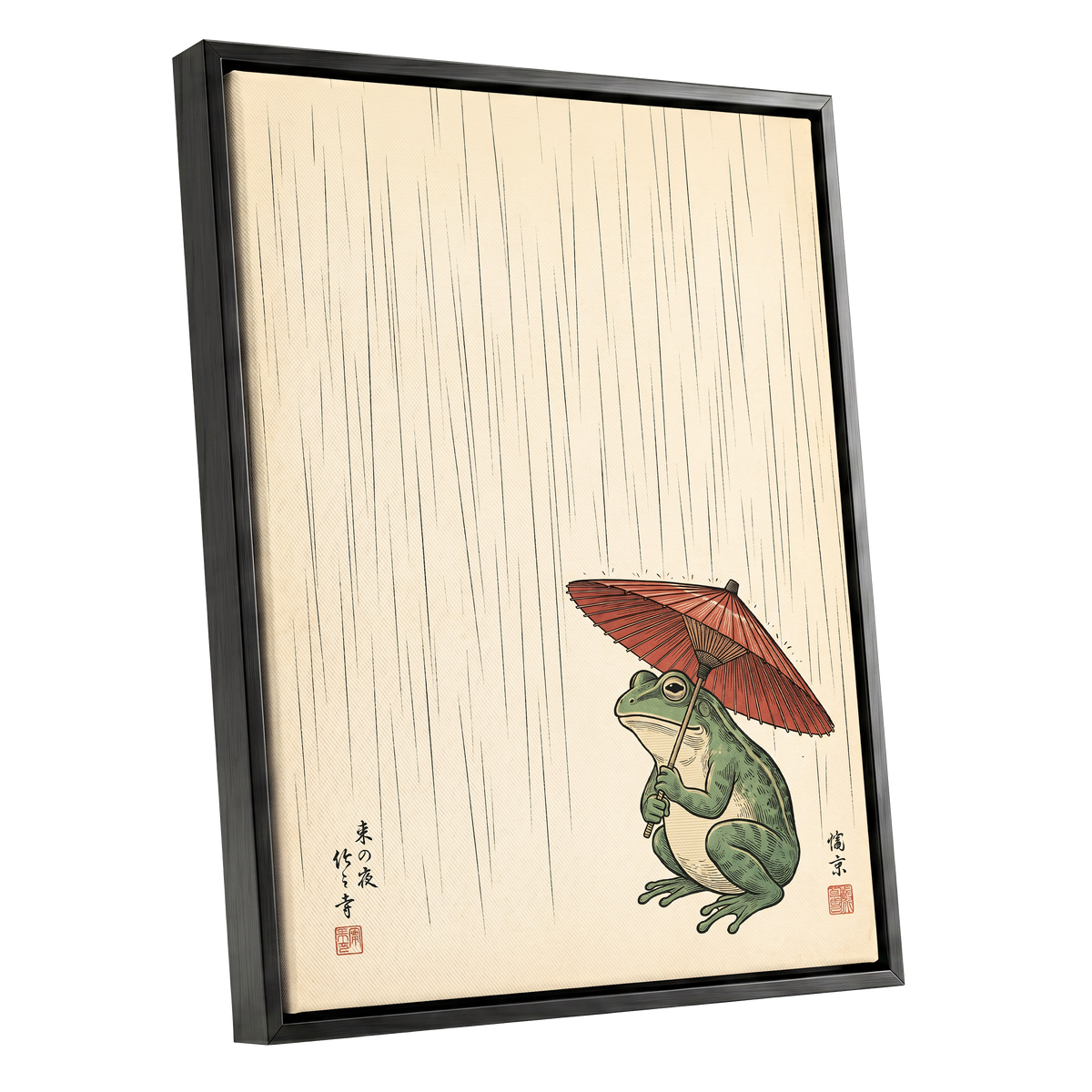 The Rainkeeper, beige, green, red nature wall art shown as a black framed canvas wall art