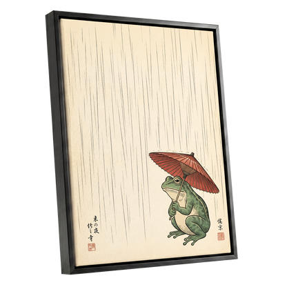 The Rainkeeper, beige, green, red nature wall art shown as a black framed canvas wall art