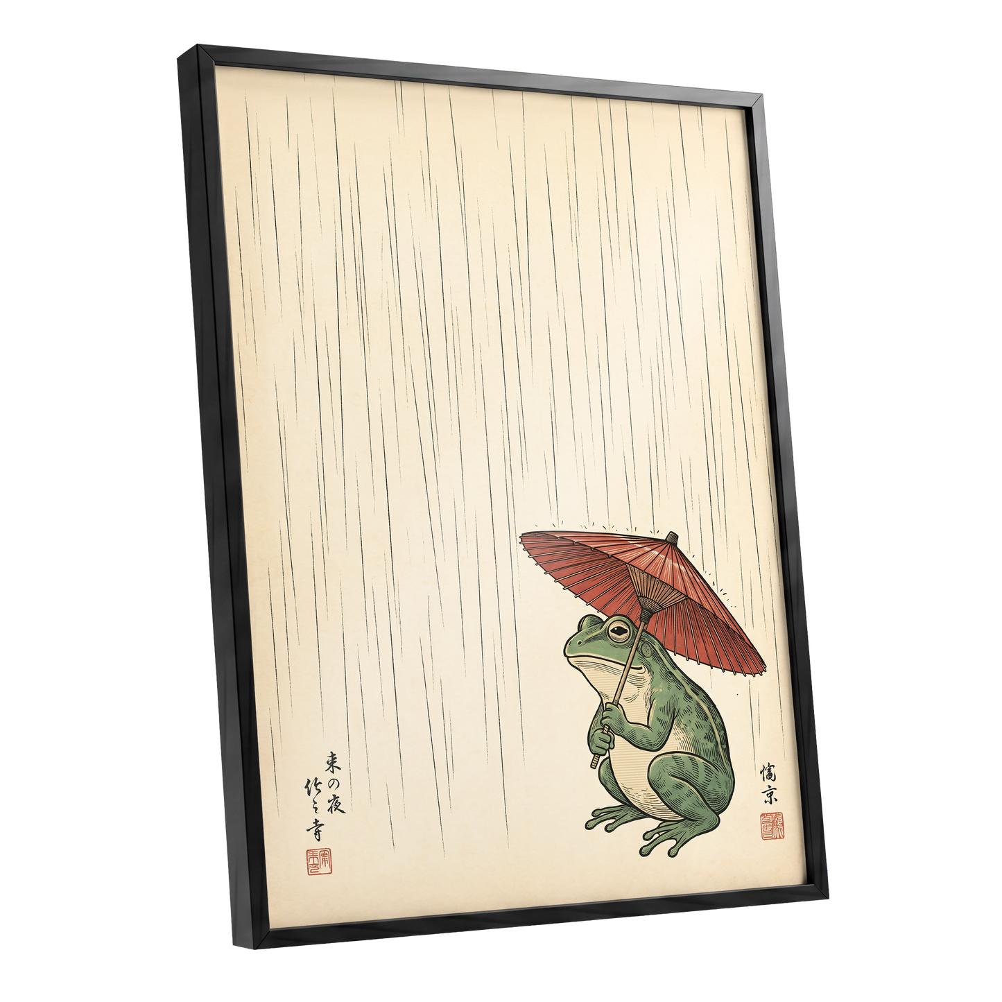 The Rainkeeper, beige, green, red nature wall art shown as a black framed poster wall art print
