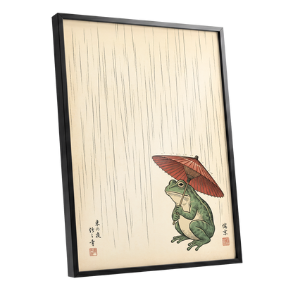 The Rainkeeper, beige, green, red nature wall art shown as a black framed poster wall art print