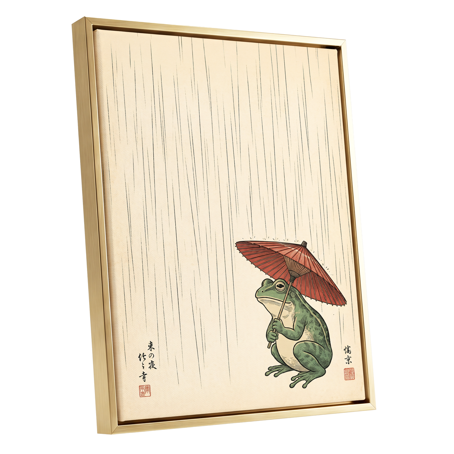 The Rainkeeper, beige, green, red nature wall art shown as a gold framed canvas wall art