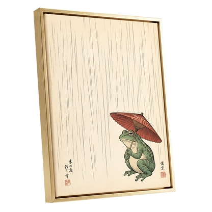 The Rainkeeper, beige, green, red nature wall art shown as a gold framed canvas wall art