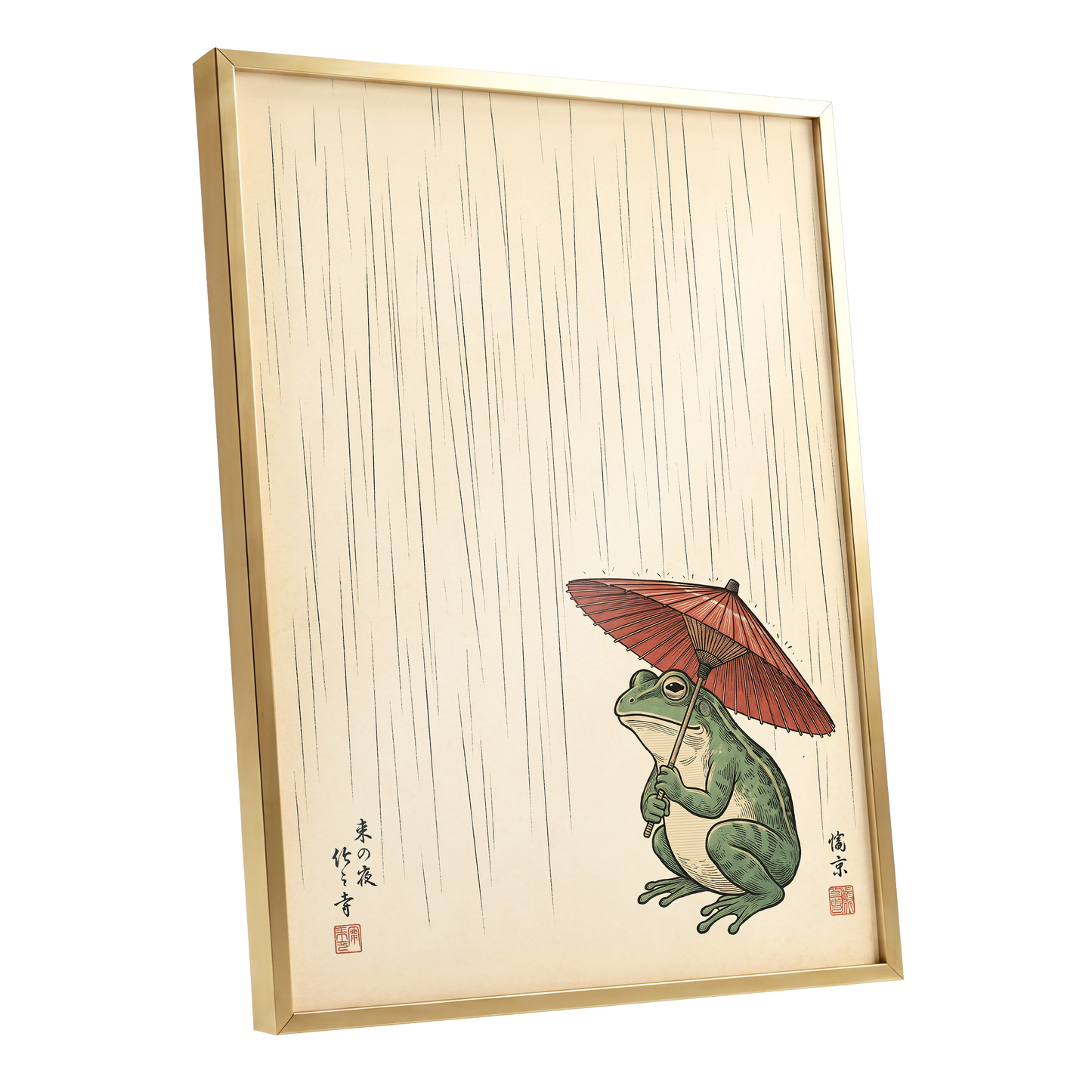The Rainkeeper, beige, green, red nature wall art shown as a gold framed poster wall art print