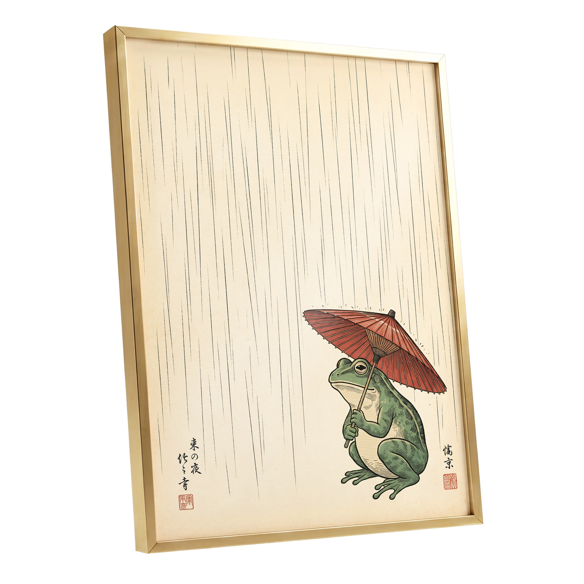 The Rainkeeper, beige, green, red nature wall art shown as a gold framed poster wall art print