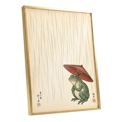 The Rainkeeper, beige, green, red nature wall art shown as a gold framed poster wall art print