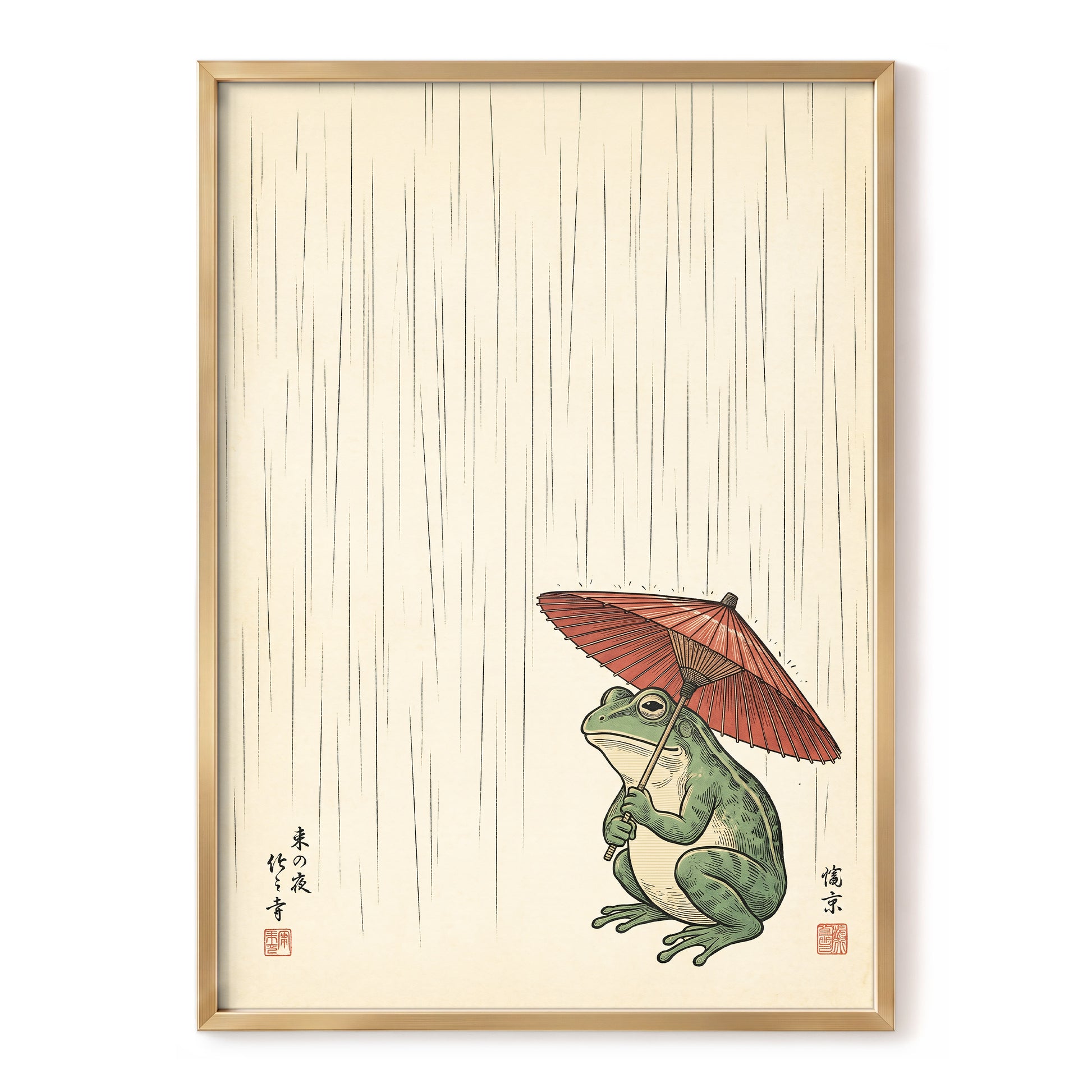 The Rainkeeper, beige, green, red nature wall art, front artwork view