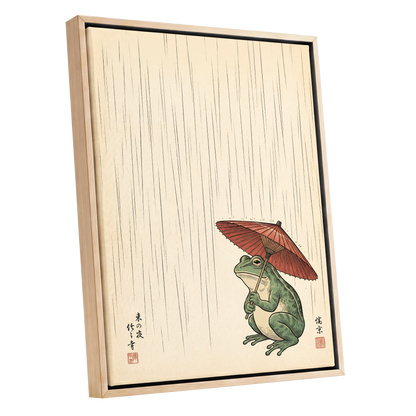 The Rainkeeper, beige, green, red nature wall art shown as a oak framed canvas wall art