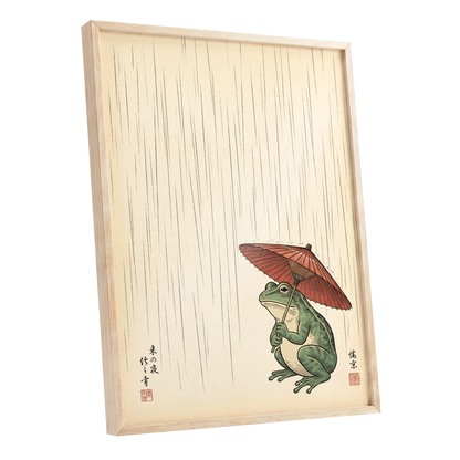 The Rainkeeper, beige, green, red nature wall art shown as a oak framed poster wall art print