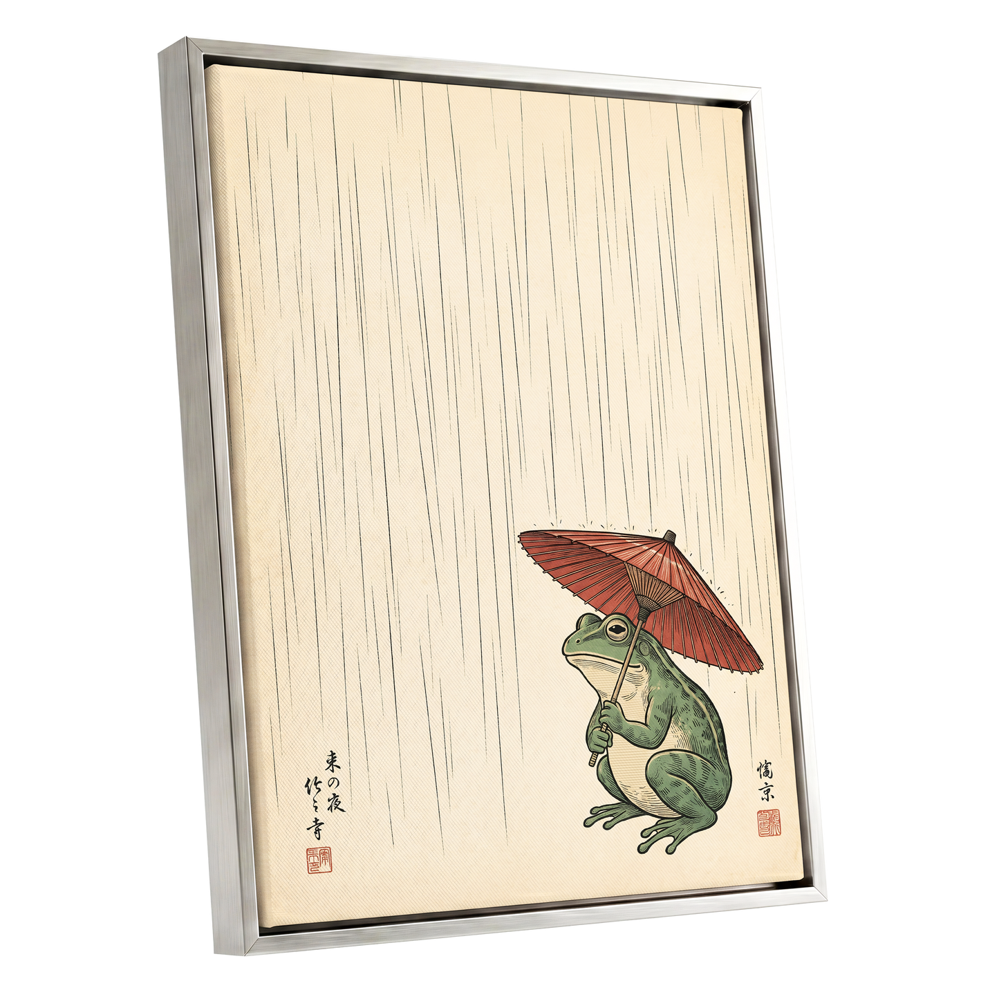 The Rainkeeper, beige, green, red nature wall art shown as a silver framed canvas wall art