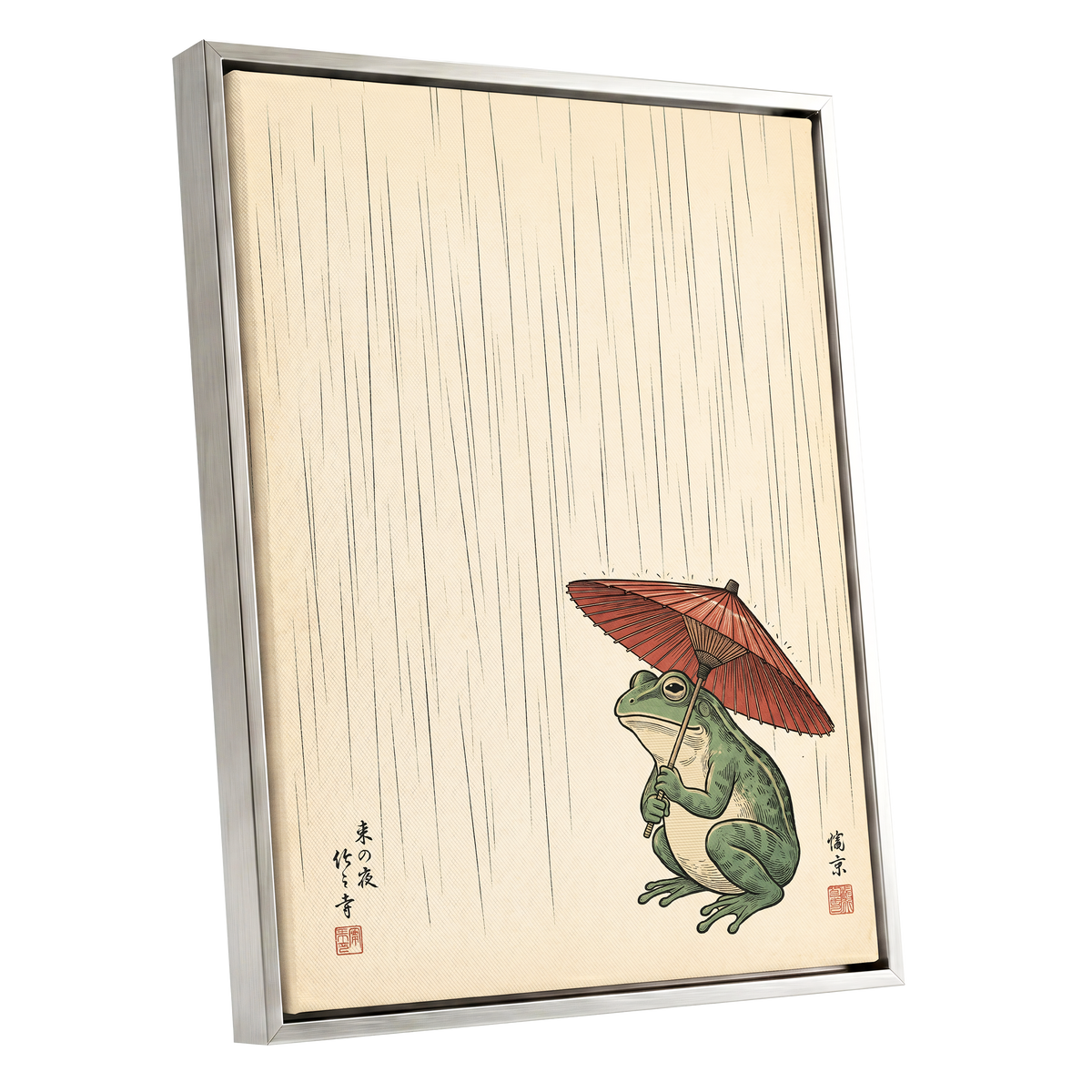 The Rainkeeper, beige, green, red nature wall art shown as a silver framed canvas wall art