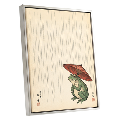 The Rainkeeper, beige, green, red nature wall art shown as a silver framed canvas wall art
