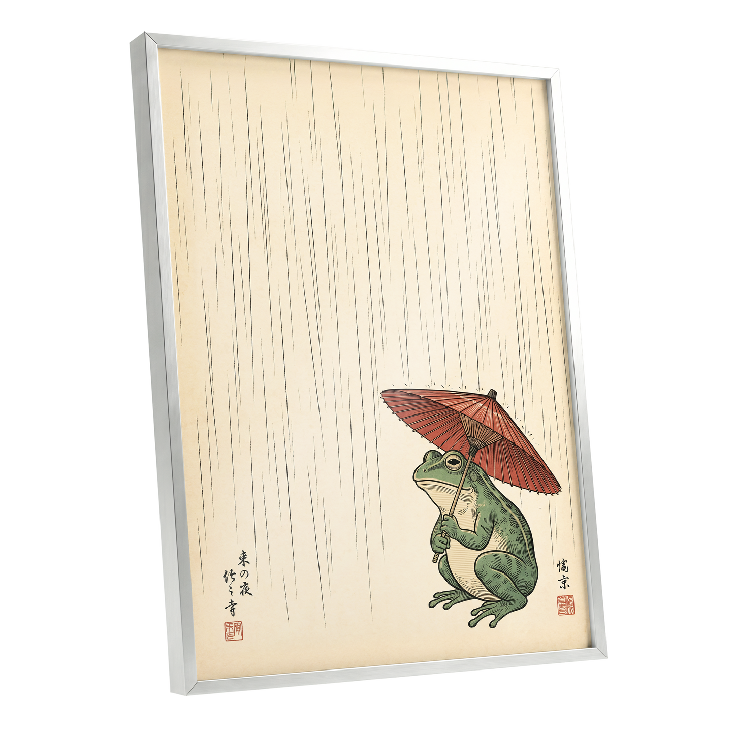 The Rainkeeper, beige, green, red nature wall art shown as a silver framed poster wall art print