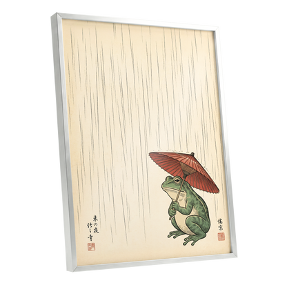 The Rainkeeper, beige, green, red nature wall art shown as a silver framed poster wall art print