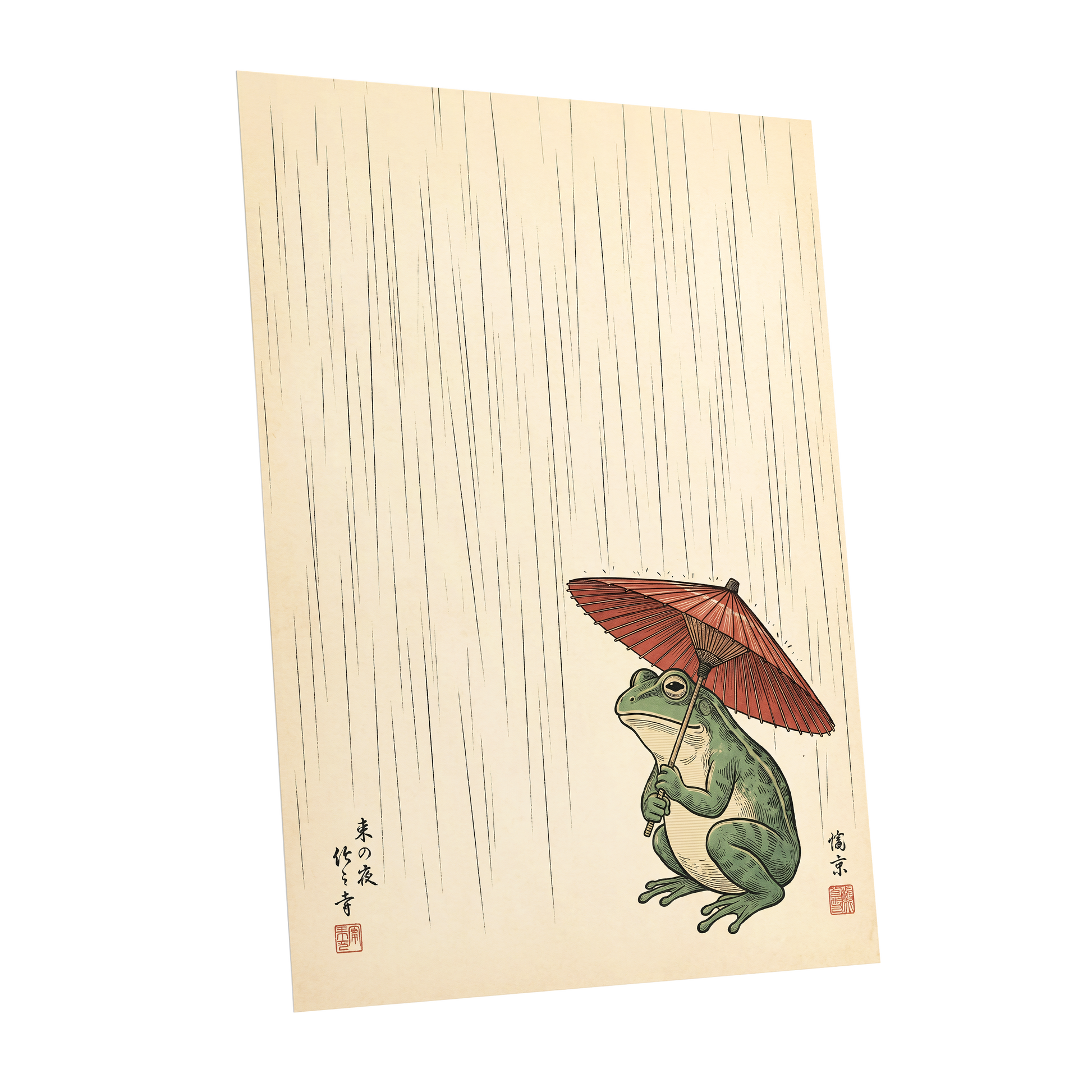 The Rainkeeper, beige, green, red nature wall art shown as a unframed poster wall art print