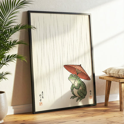 The Rainkeeper, beige, green, red nature wall art displayed in a styled interior, gallery view 2
