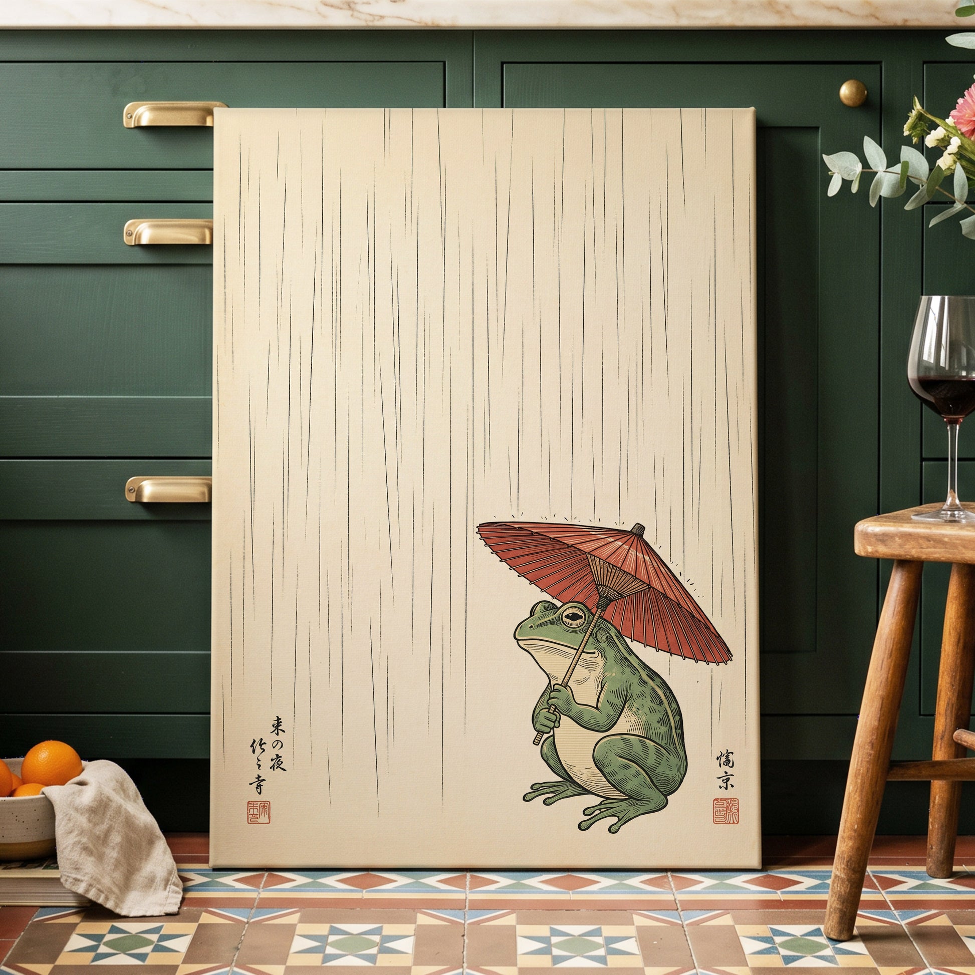 The Rainkeeper, beige, green, red nature wall art displayed in a styled interior, gallery view 3