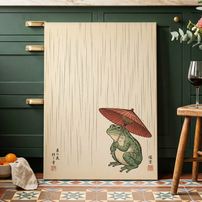 The Rainkeeper, beige, green, red nature wall art displayed in a styled interior, gallery view 3