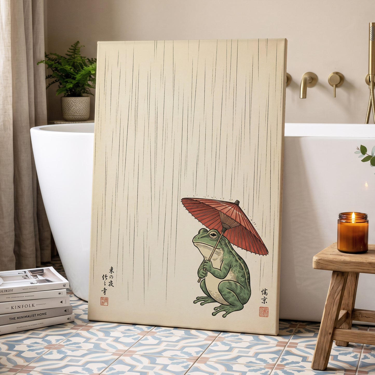 The Rainkeeper, beige, green, red nature wall art displayed in a styled interior, gallery view 7