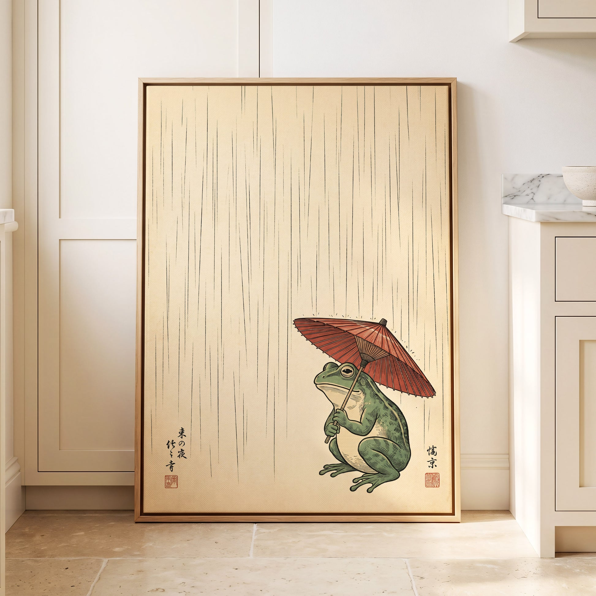 The Rainkeeper, beige, green, red nature wall art displayed in a styled interior, gallery view 8
