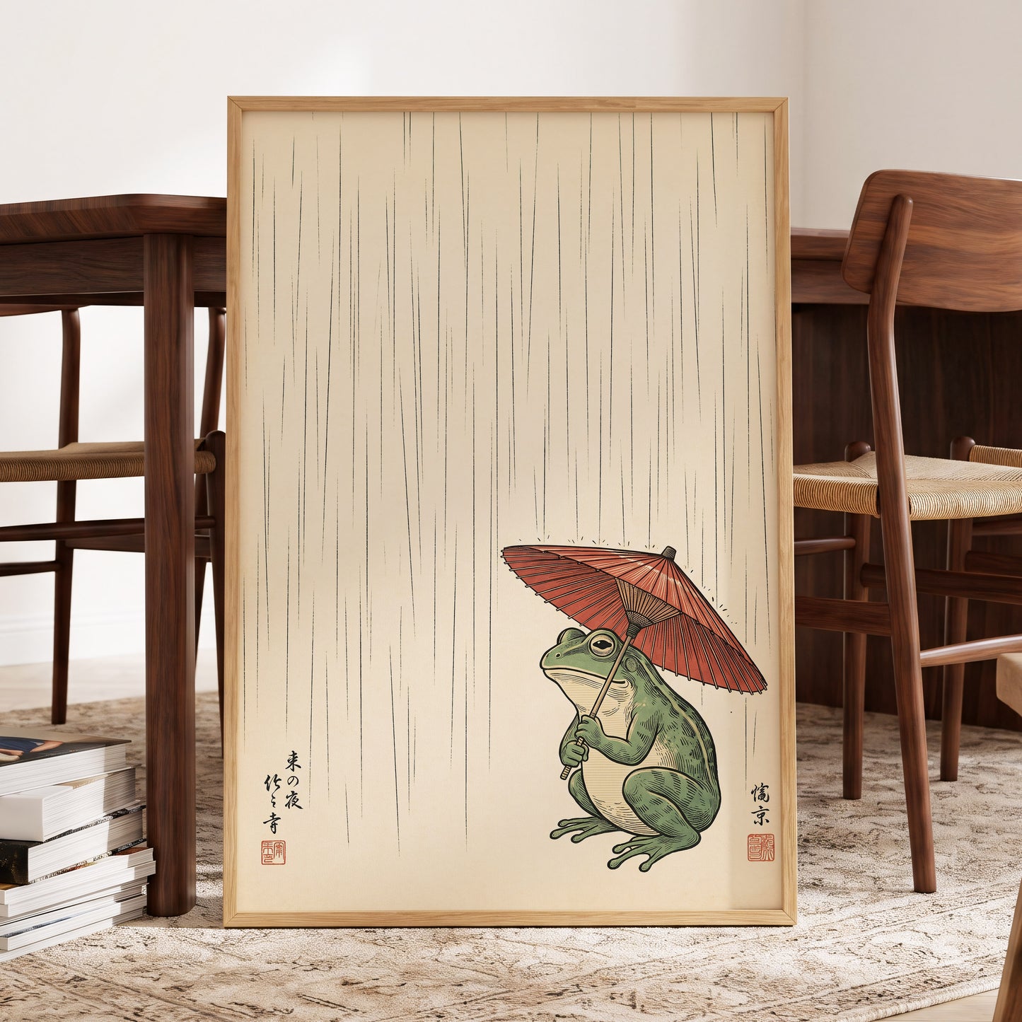 The Rainkeeper, beige, green, red nature wall art displayed in a styled interior, gallery view 9