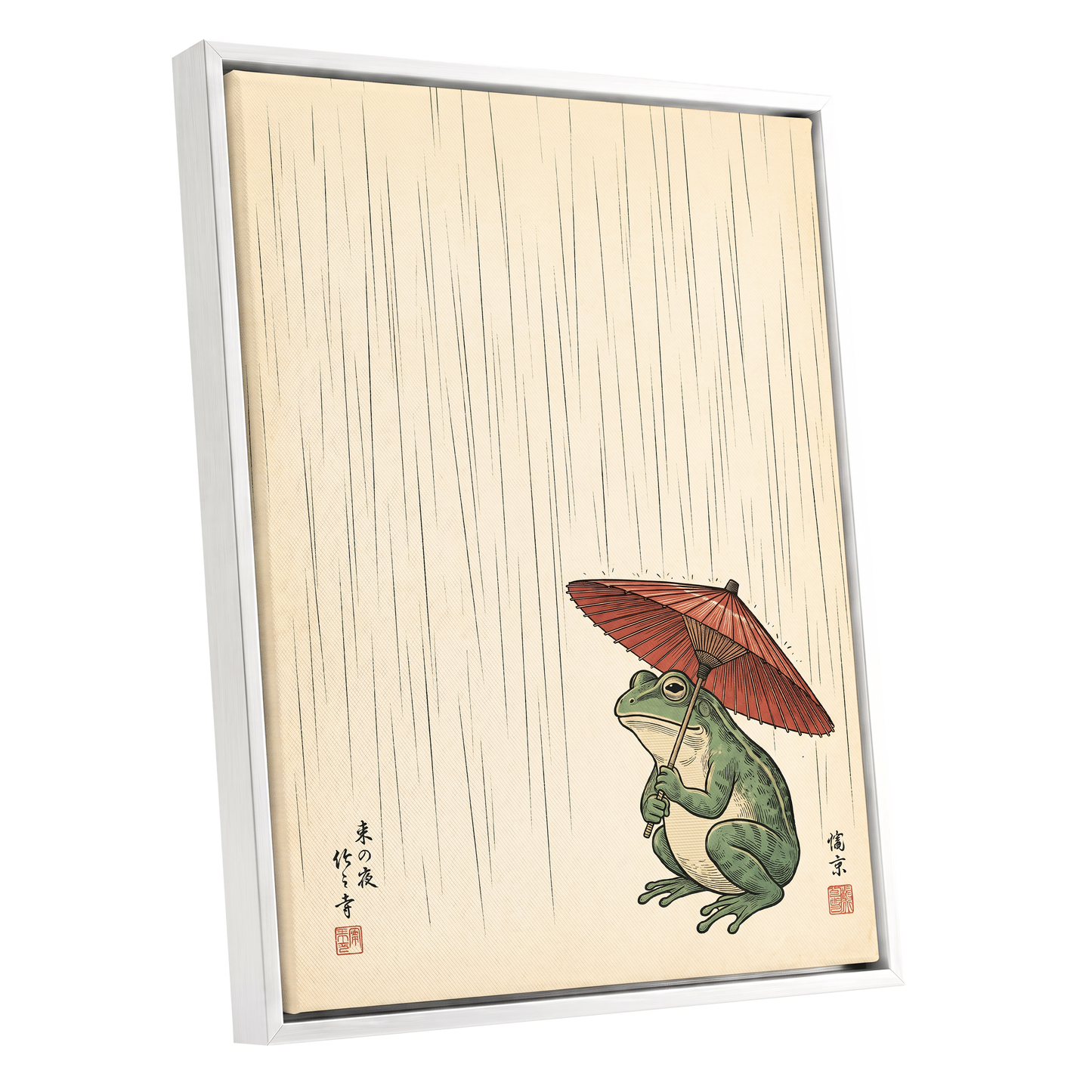 The Rainkeeper, beige, green, red nature wall art shown as a white framed canvas wall art
