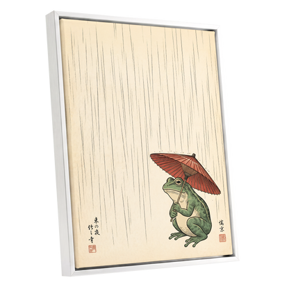 The Rainkeeper, beige, green, red nature wall art shown as a white framed canvas wall art