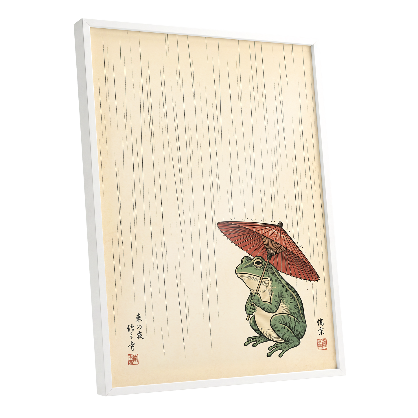 The Rainkeeper, beige, green, red nature wall art shown as a white framed poster wall art print