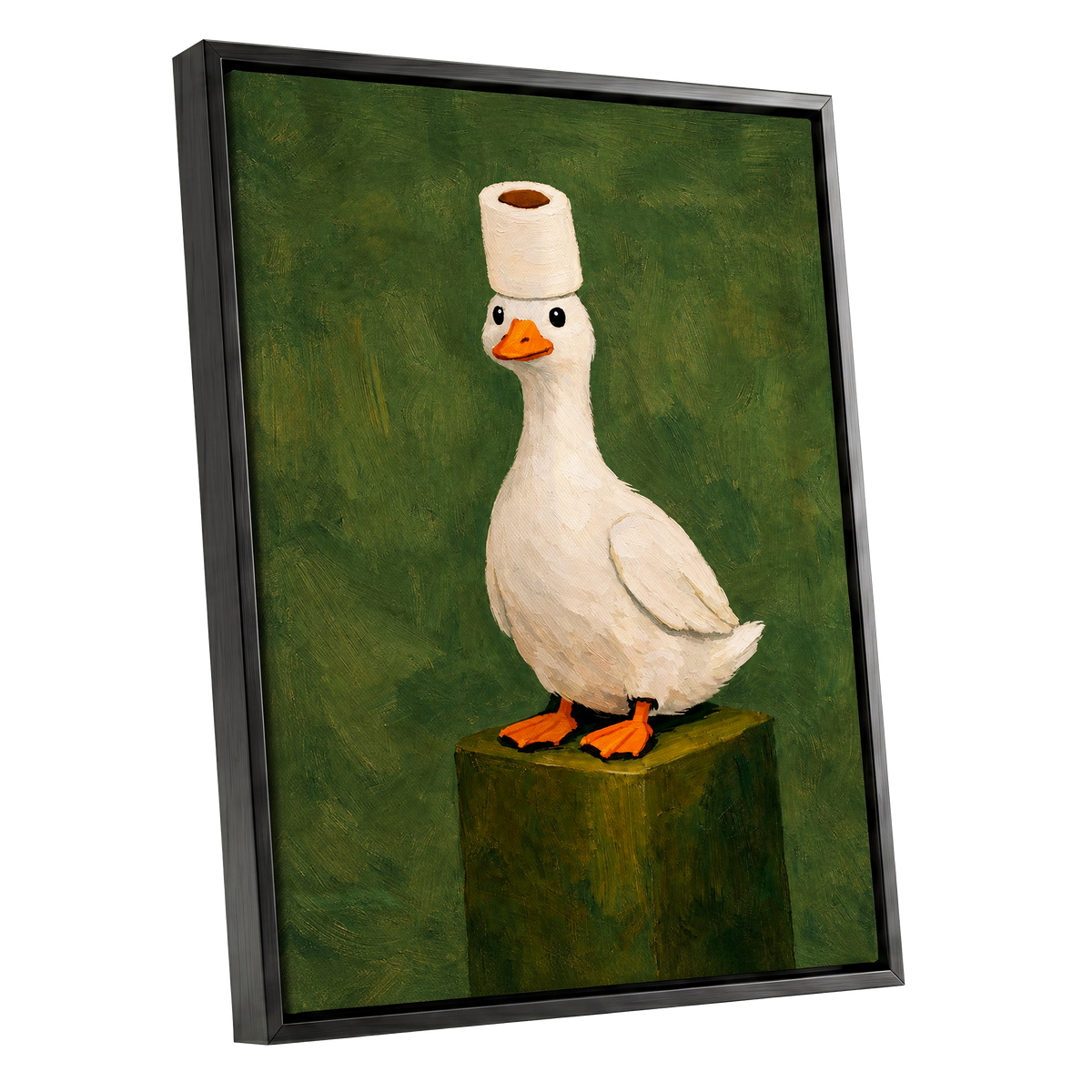 The Roll-Crowned Duck, green, white, orange nature wall art shown as a black framed canvas wall art