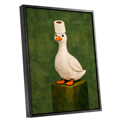 The Roll-Crowned Duck, green, white, orange nature wall art shown as a black framed canvas wall art