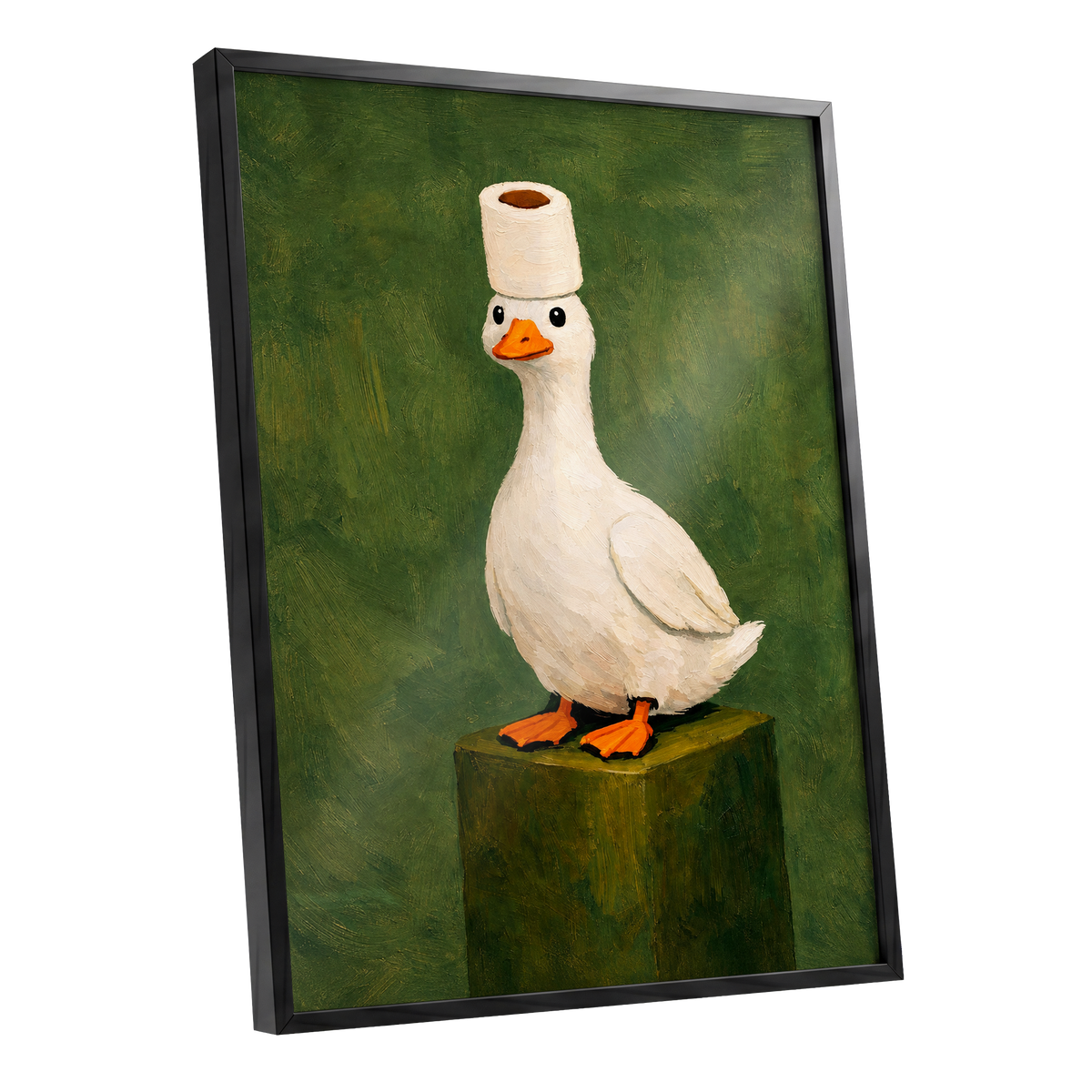 The Roll-Crowned Duck, green, white, orange nature wall art shown as a black framed poster wall art print