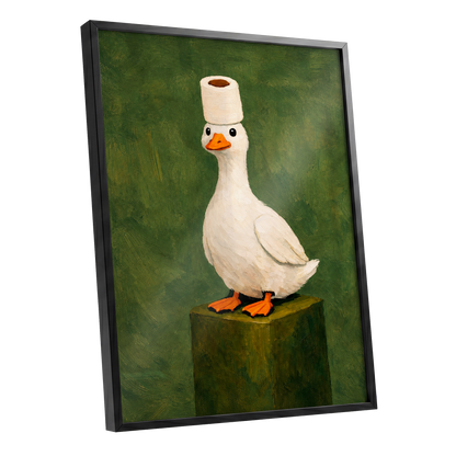 The Roll-Crowned Duck, green, white, orange nature wall art shown as a black framed poster wall art print