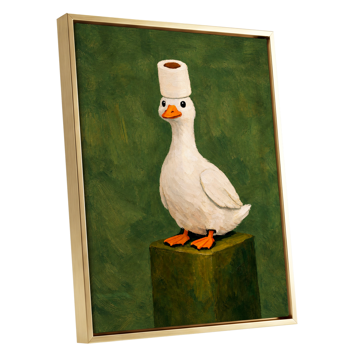 The Roll-Crowned Duck, green, white, orange nature wall art shown as a gold framed canvas wall art