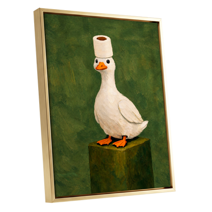 The Roll-Crowned Duck, green, white, orange nature wall art shown as a gold framed canvas wall art