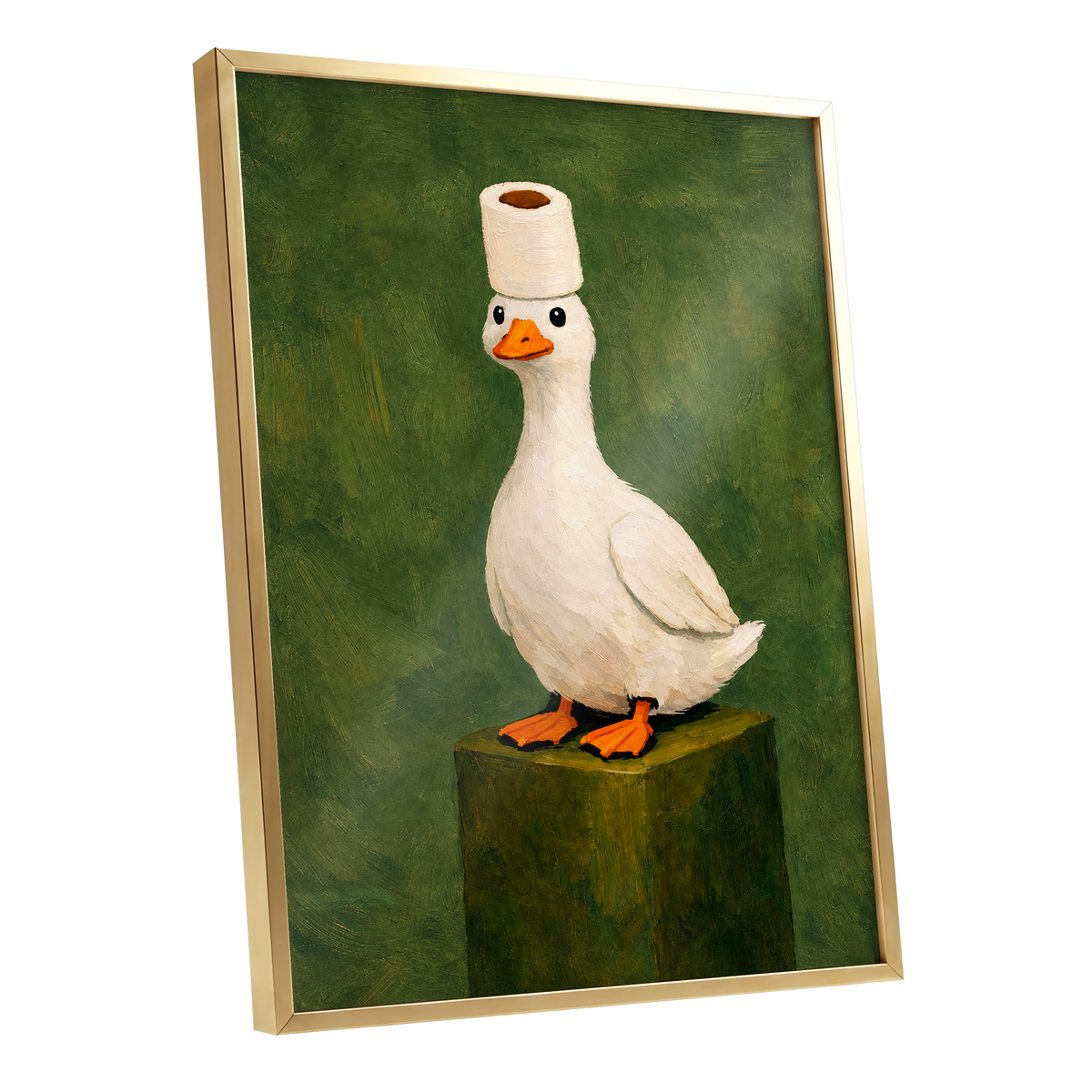 The Roll-Crowned Duck, green, white, orange nature wall art shown as a gold framed poster wall art print