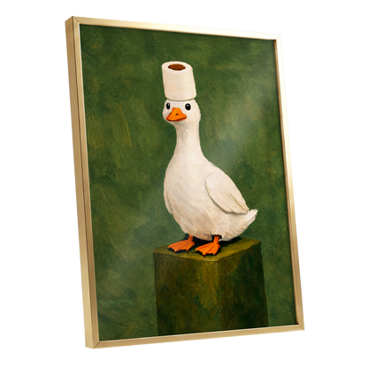 The Roll-Crowned Duck, green, white, orange nature wall art shown as a gold framed poster wall art print