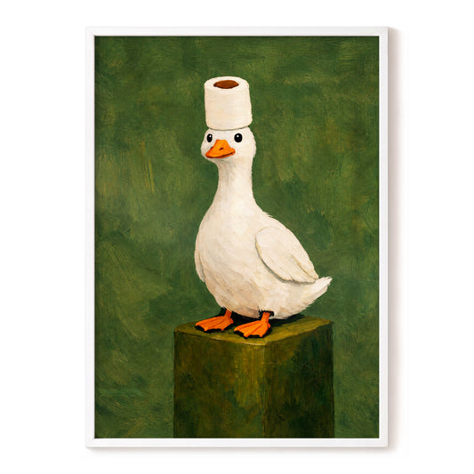 The Roll-Crowned Duck, green, white, orange nature wall art, front artwork view