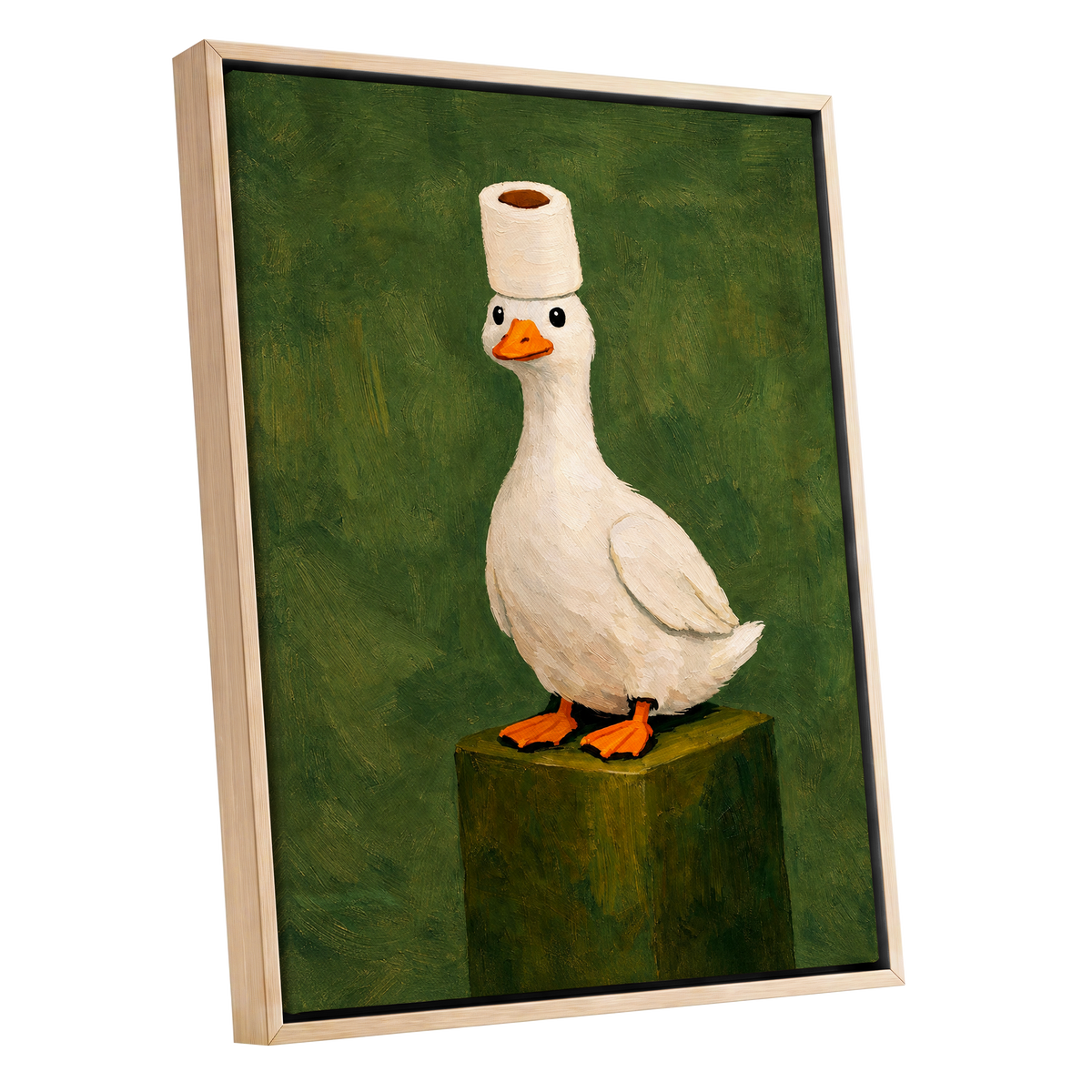 The Roll-Crowned Duck, green, white, orange nature wall art shown as a oak framed canvas wall art